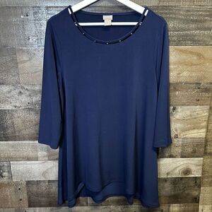 Chico’s Women’s Size 1 Top Navy Ruffle Shirt Round Neck Blouse Hi Low Hem